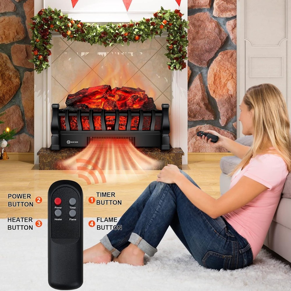 Sleek Electric Fireplace Logs - Remote Control Heating, Adjustable Flame & Timer