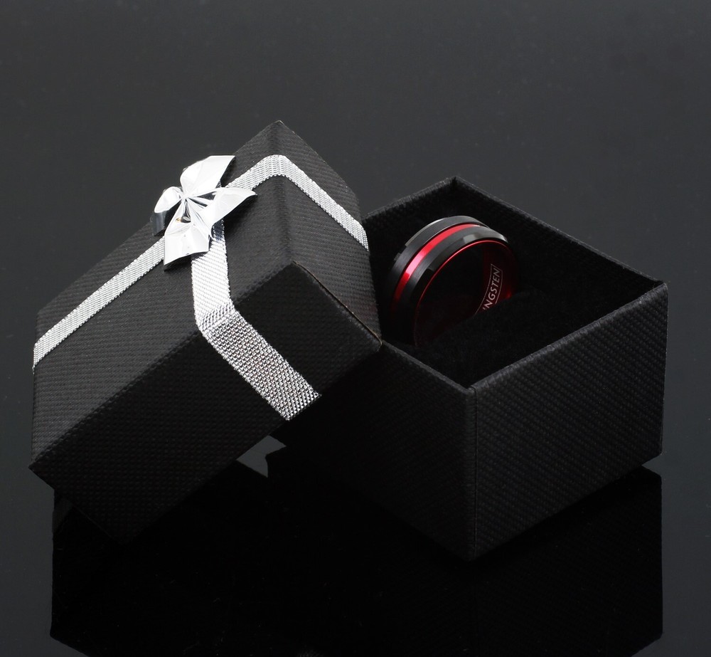 Black Tungsten Carbide Mens Thin Red Line Band Ring-Firefighters First Responder