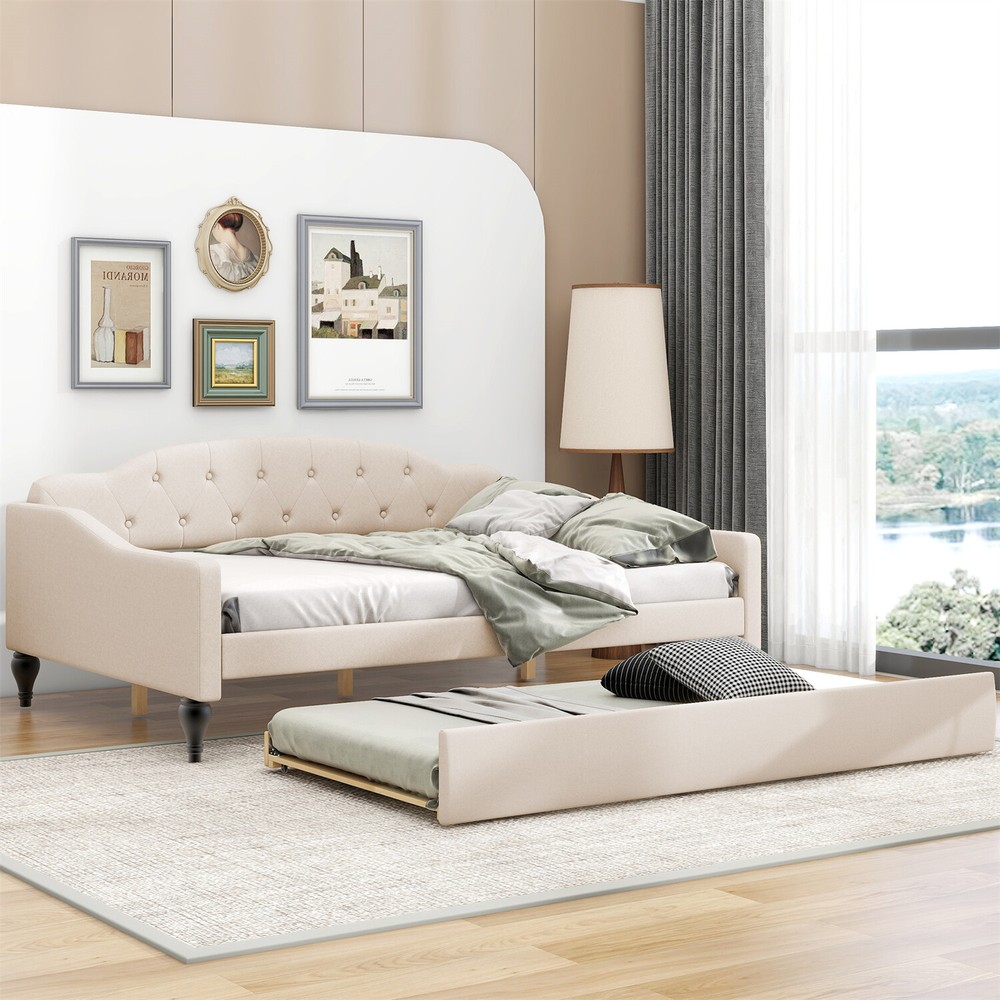 Full Size Daybed w/ Pull-Out Trundle Bed Upholstered Bed Frame Sofa Bed Beige US