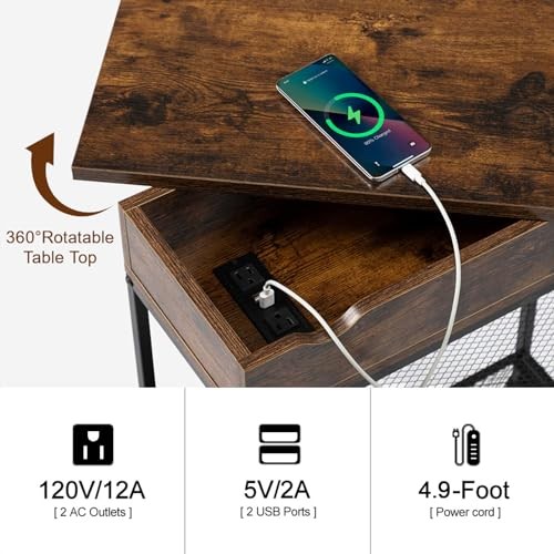 Narrow End Table with Charging Station & Rotating Top, Couch Rustic Brown