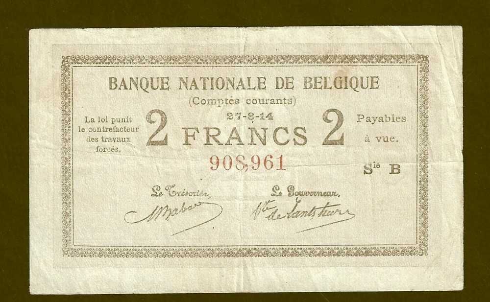 BELGIUM 1914 2 FRANCS COMPTES COURANTS ~ P-82 ~ RARE TYPE ~ PROBLEM-FREE NOTE