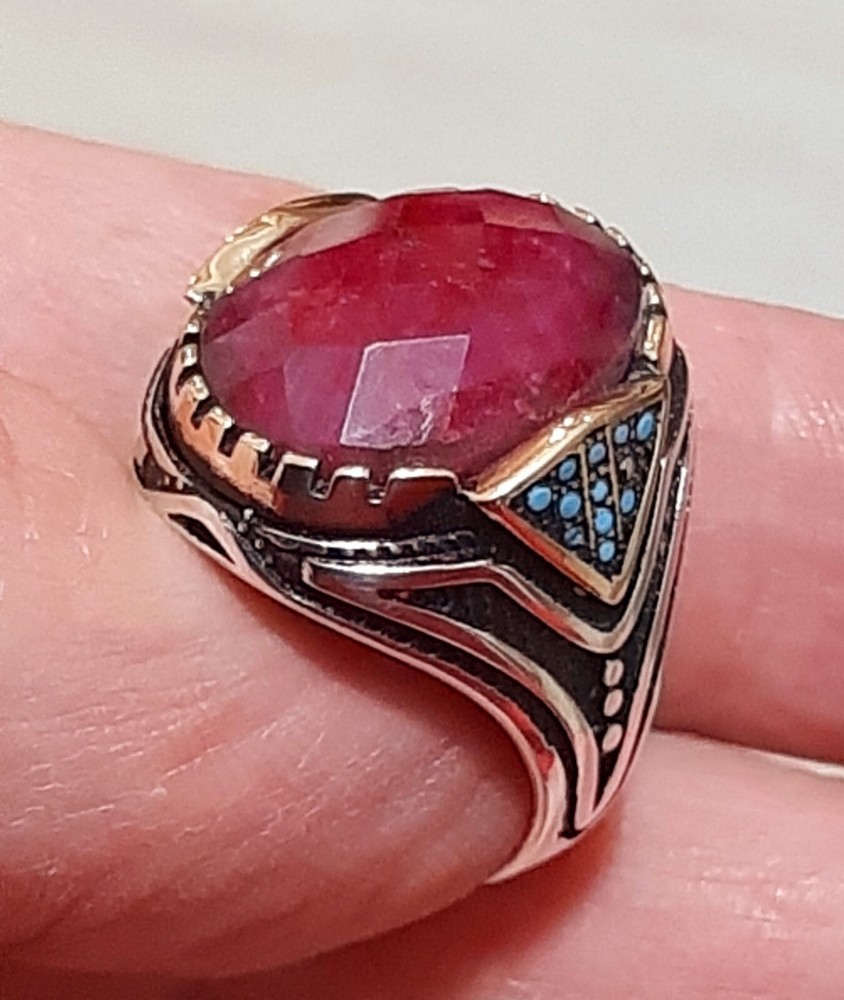 Mens 925 Ruby Turquoise Solitaire Silver Ring Man Sterling $