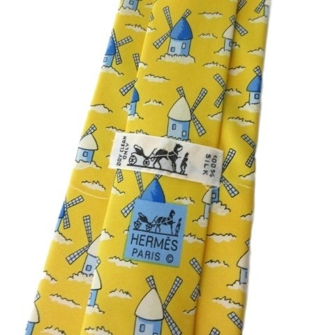 HERMES Tie Silk 100% 7489IA Allover Pattern Yellow men's