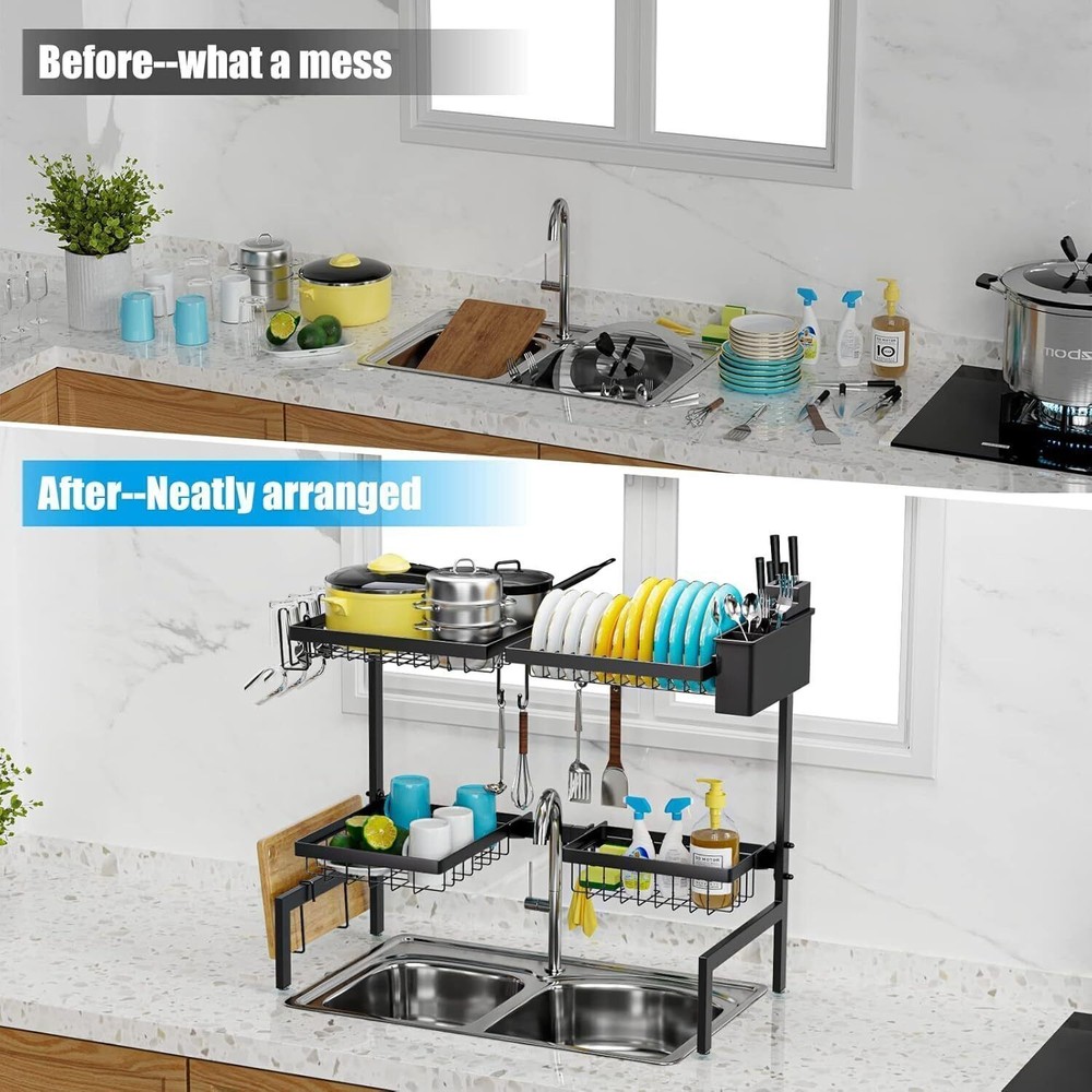 2-Tier 4 Baskets Over The Sink Dish Drying Rack Kitchen Extensible Adjustable US
