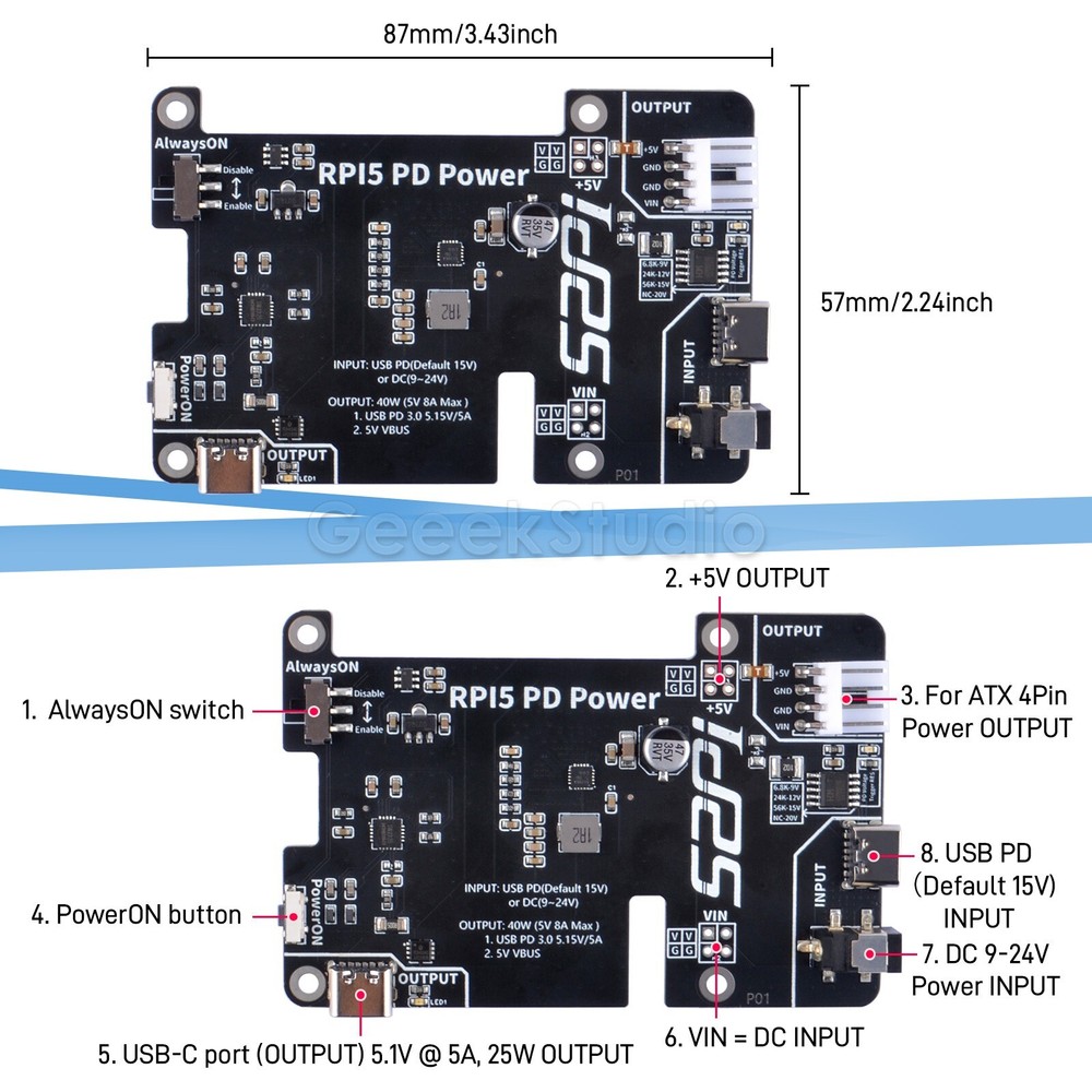 RPi 5 PD Power Expansion Board for Raspberry Pi 5 Always-ON switch