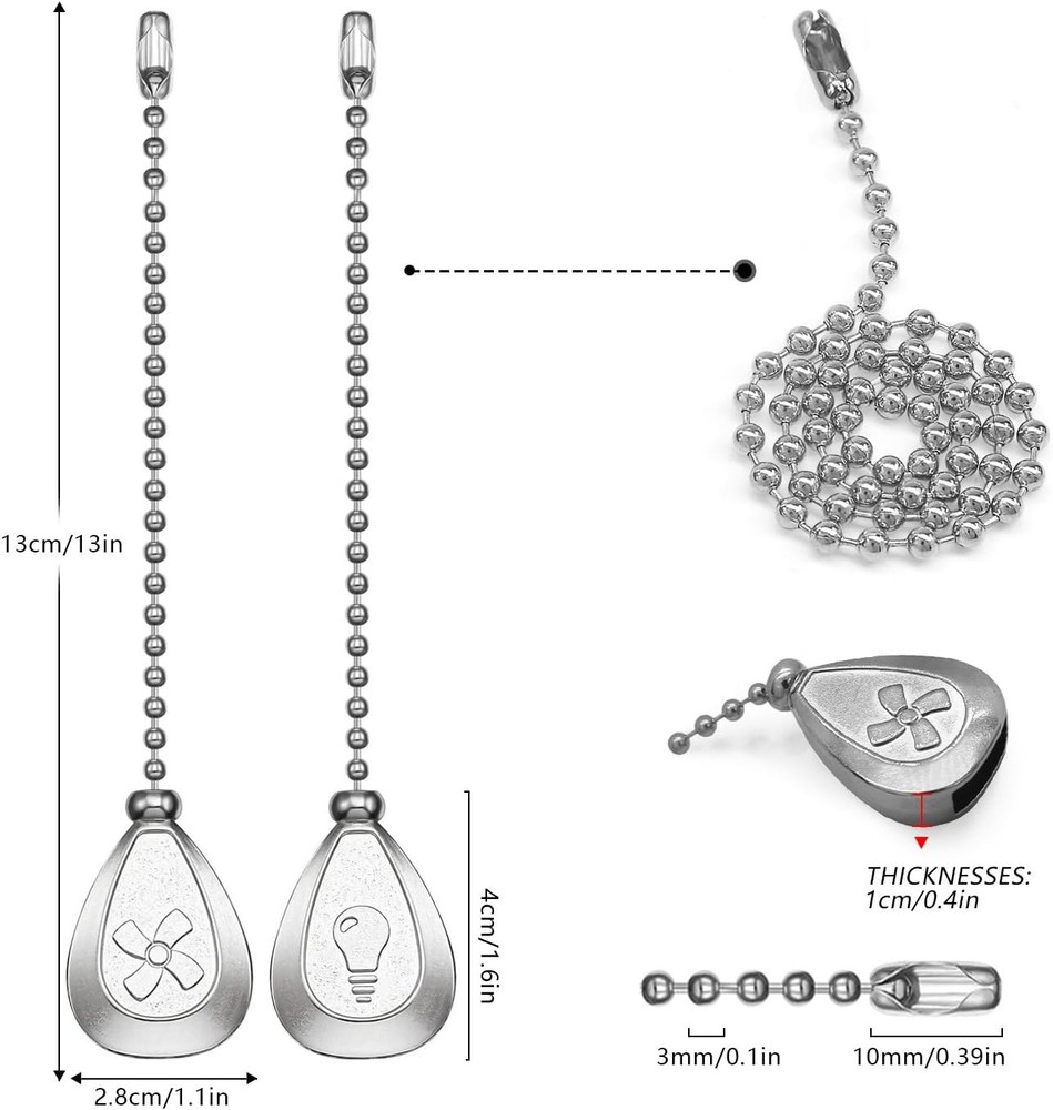 Silver Ceiling Fan Pull Chain, 12 Inches Decorative 4Pack