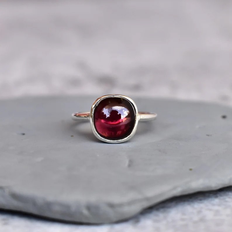 Solid 925 Sterling Silver Cushion Red Garnet Genuine Healing Gemstone Ring
