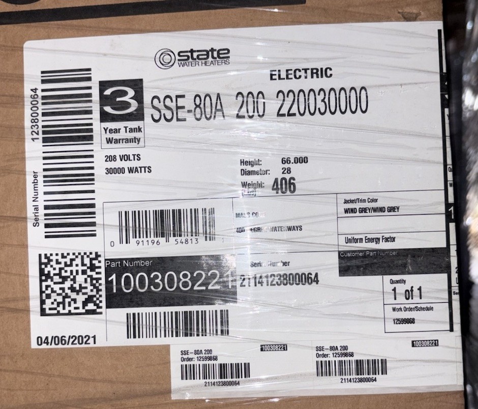 State Water Heaters SSE-80A200 80 Gallon Commercial Electric Water Heater