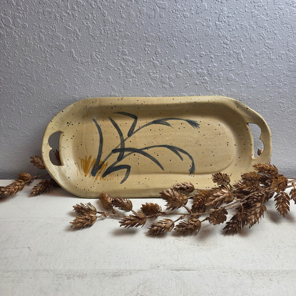 Vintage Signed Studio Pottery Speckled Stoneware Serving Tray Botanical Pattern