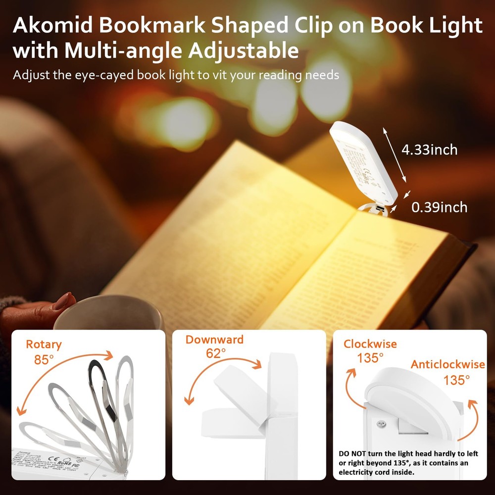 Book Light USB Rechargeable Clip on Reading Light, Eye-Cared Amber Light Mode...