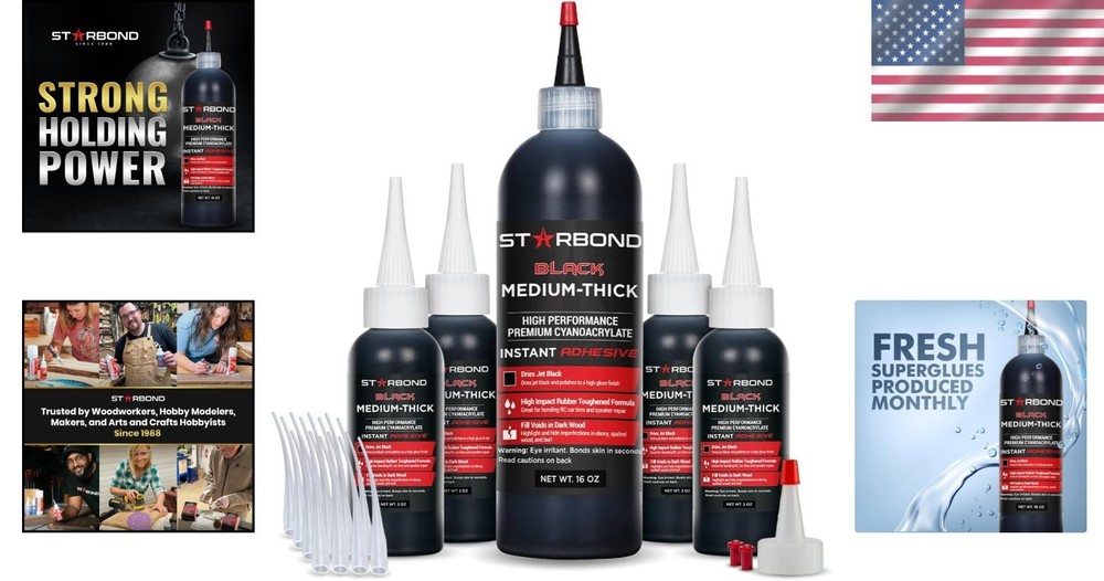 Impact-Resistant Black CA Glue Refill Kit 16oz