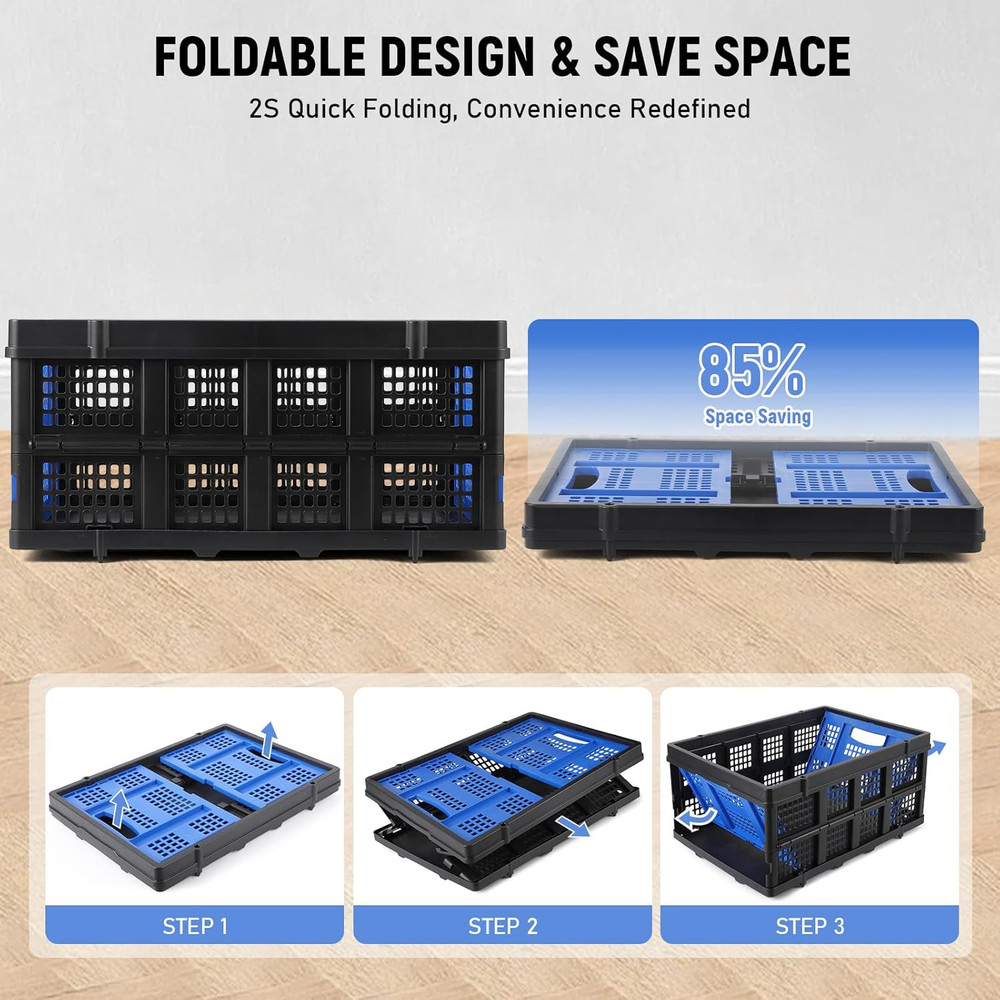 Collapsible Plastic Crate, Foldable Storage Basket, Stackable Utility Crate with