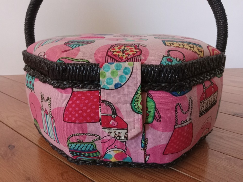 Sewing Box Hexigon Shaped Padded Pink w/ Black Wicker Handle 9" Diameter