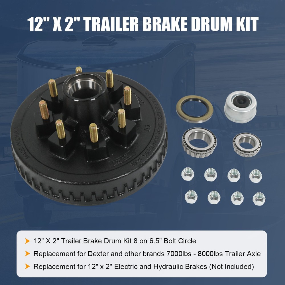 HD 12" X 2" Trailer Brake Drum Kit 8 on 6.5" for 7K-8K Lbs Axle with 9/16" Studs