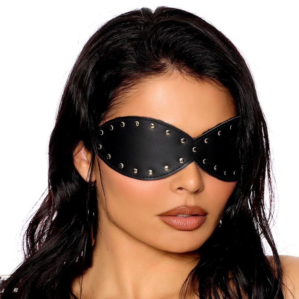 Studded Leather Blindfold Padded Fleece Lined Adjustable Elastic Strap L9870