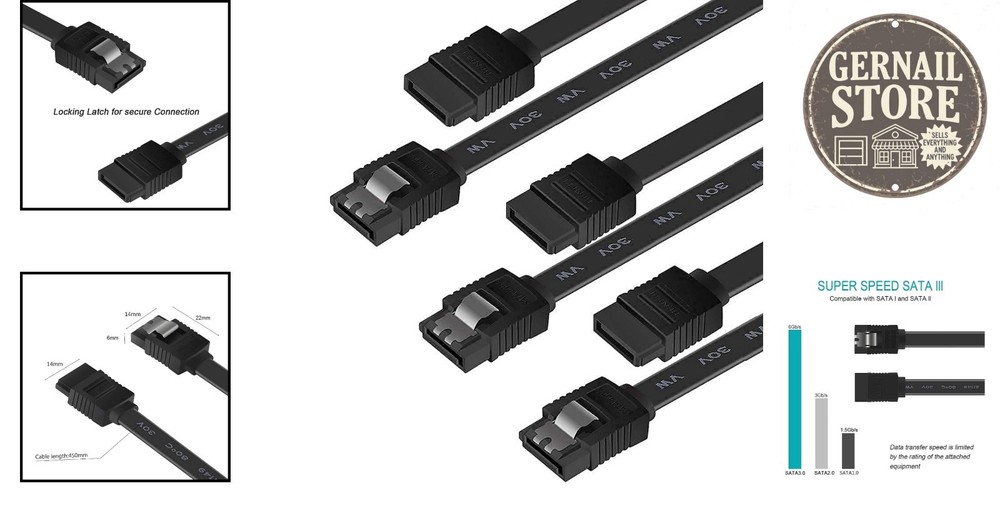 SATA III Cable Bundle, 6Gbps Speed, 18 Inch with Secure Connection Feature