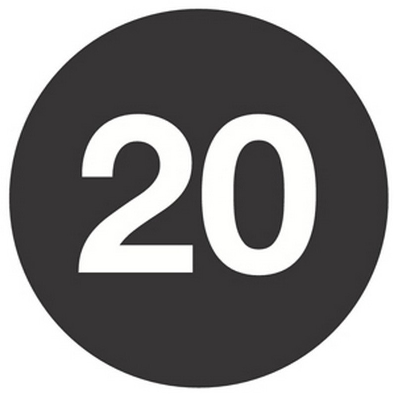 4" Diameter Number 20 Circle Labels (500 per Roll)