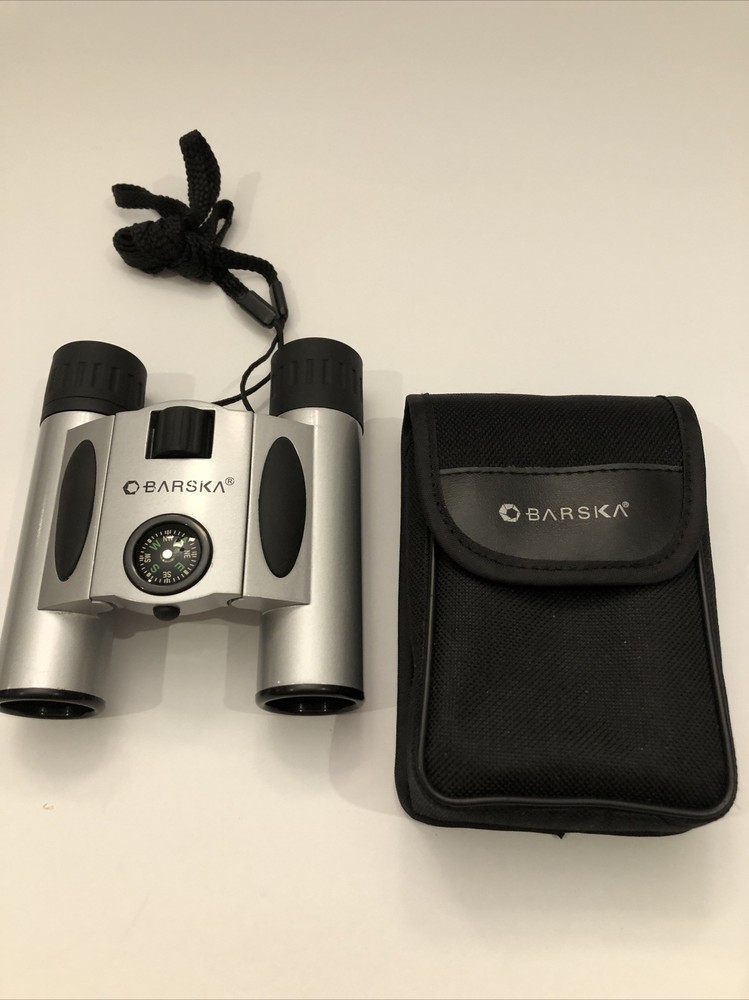 Barska 10x25 Compact Binoculars with Compass & Case Good Used Condition