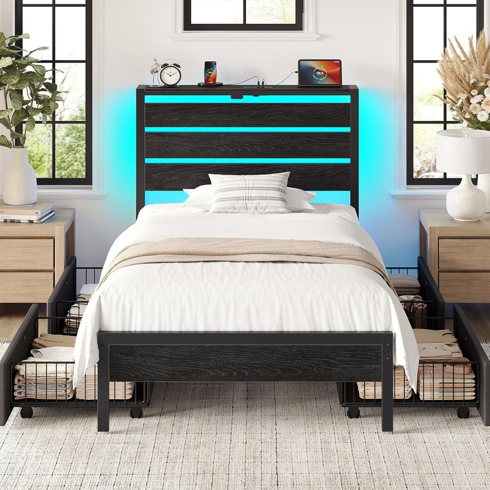 Twin Bed Frame with Storage Drawers LED Headboard