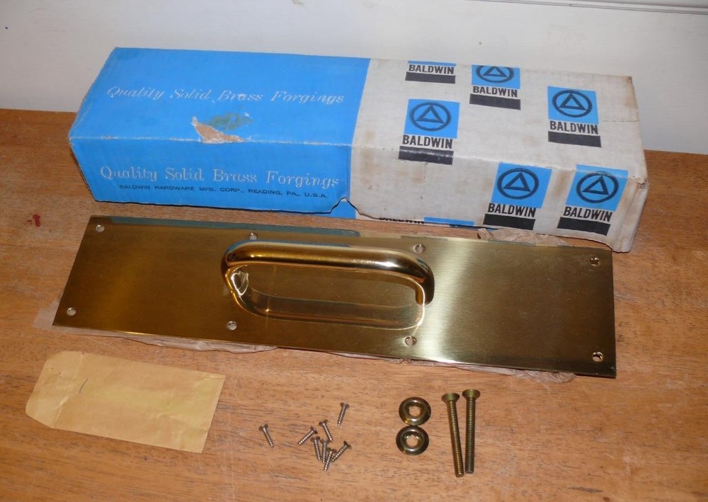 Vintage New open box Baldwin Brass 4" x 16" Solid Brass Pull Plate with hardware