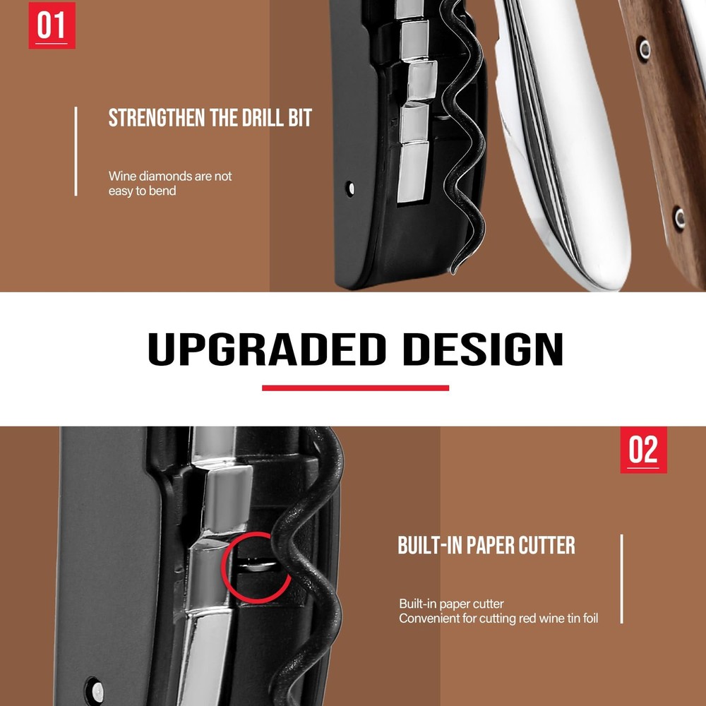 Wine Bottle Opener, Vertical Lever Corkscrew with Built M, Walnut wood handle