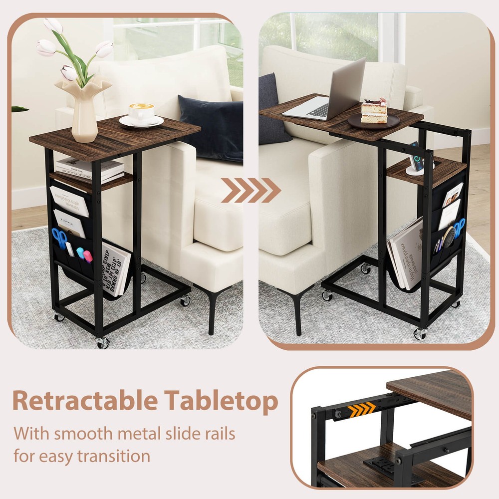2 PCS C-shaped End Table w/ Charging Station Rolling Bedside Table Couch Side