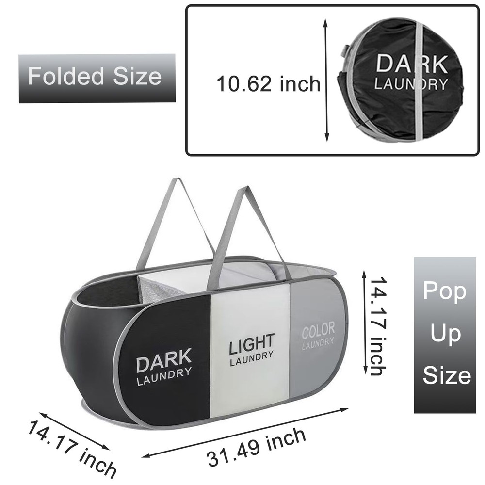 3 Compartment Foldable Pop Up Laundry Hamper Collapsible Sorting Basket