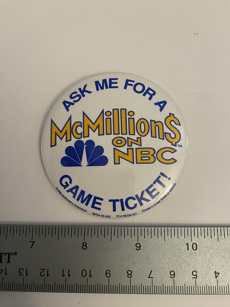 McDonald’s McMillions On NBC Pin Back Button P46