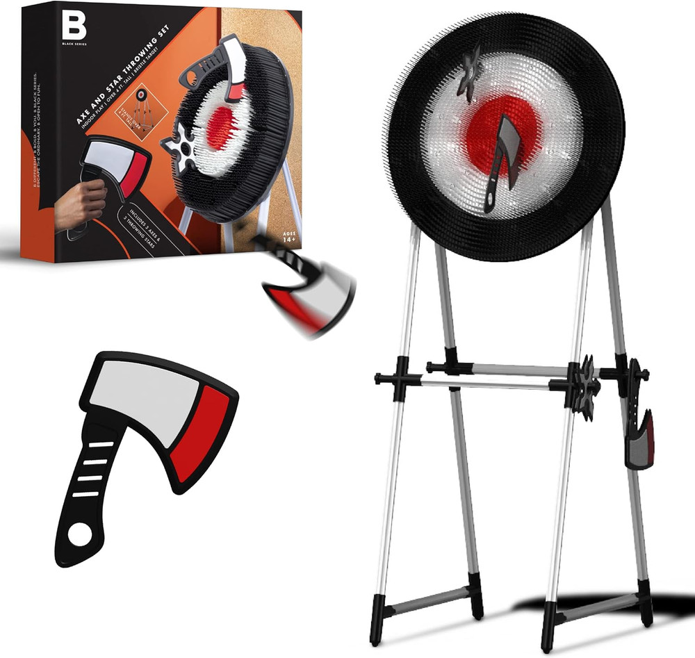 Axe Throwing Target Set, Includes 3 Axes & Bristle Target, Lightweight Plastic A
