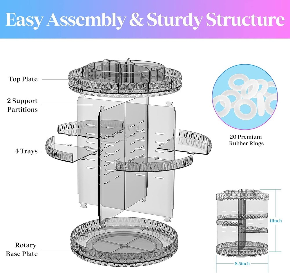 360 Rotating Makeup Organizer, DIY Adjustable Cosmetics Gray