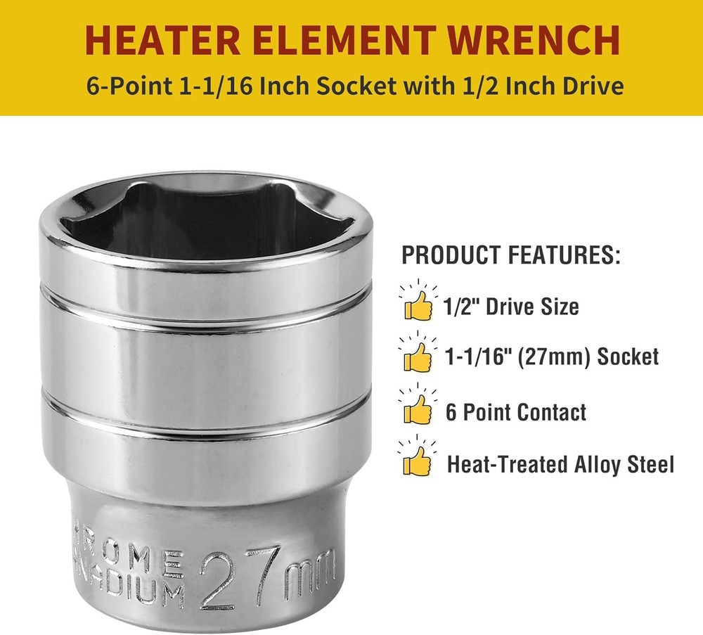 1-1/16 Inch RV Water Heater Element Socket Wrench for 3/4" NPT Thread Silver