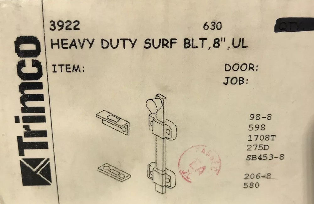 NEW Trimco 3922 Heavy Duty 8” Surface Bolt