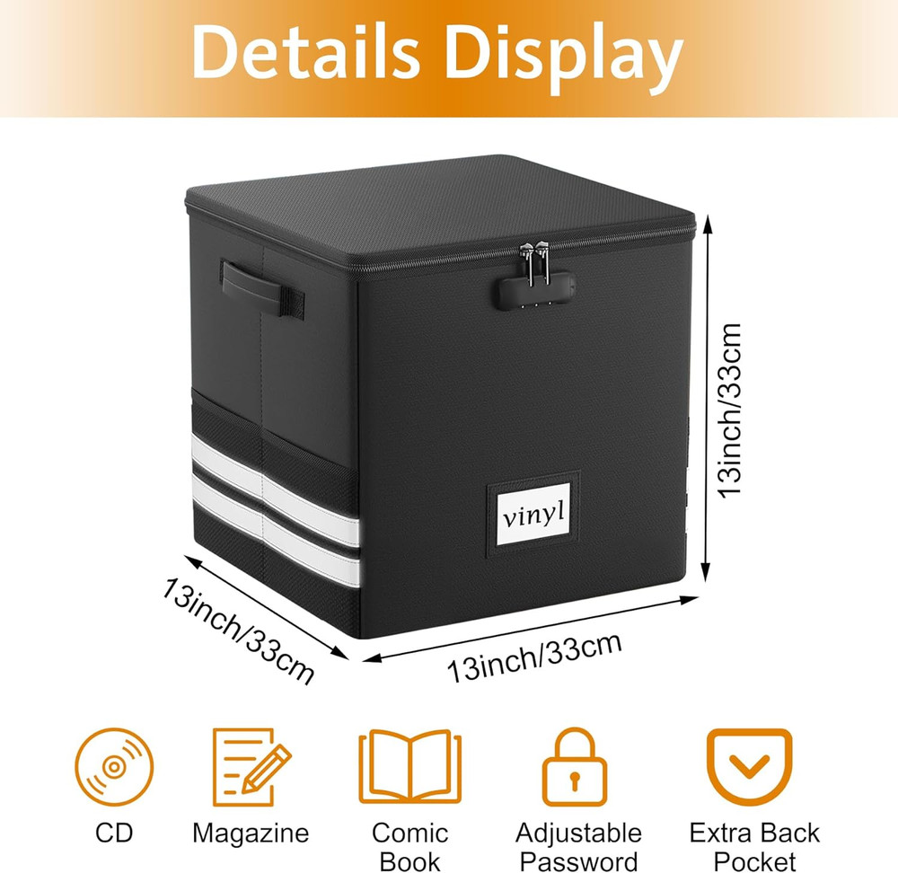 Vinyl Record Storage Box with Lock, Fireproof Waterproof Resistant Organizer