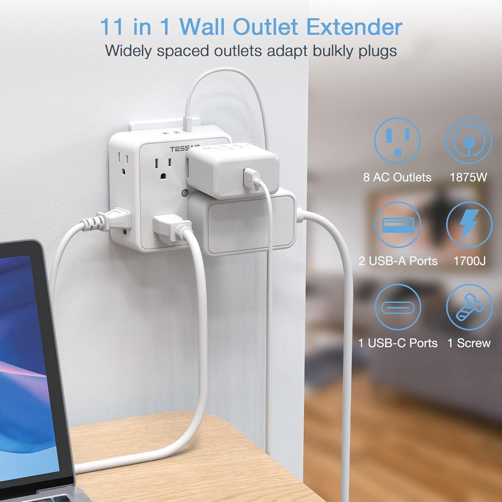 8 Outlets Extender Multi Plug Wall Adapter Surge Protector 1700J Wall Socket
