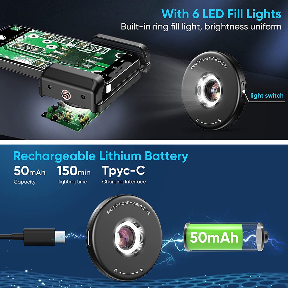 Phone Macro Lens 100X Magnification Microscope for Android/iPhone with LED Light