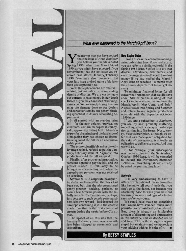 ATARI EXPLORER ~ Spring 1990 ~ NEW! ~ Editorial that got Dave & Betsy Ahl Fired!
