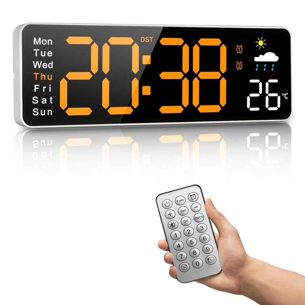 Digital Wall Clock, 12" Digital Clock with Remote Control, Date, Week, Temp, ...