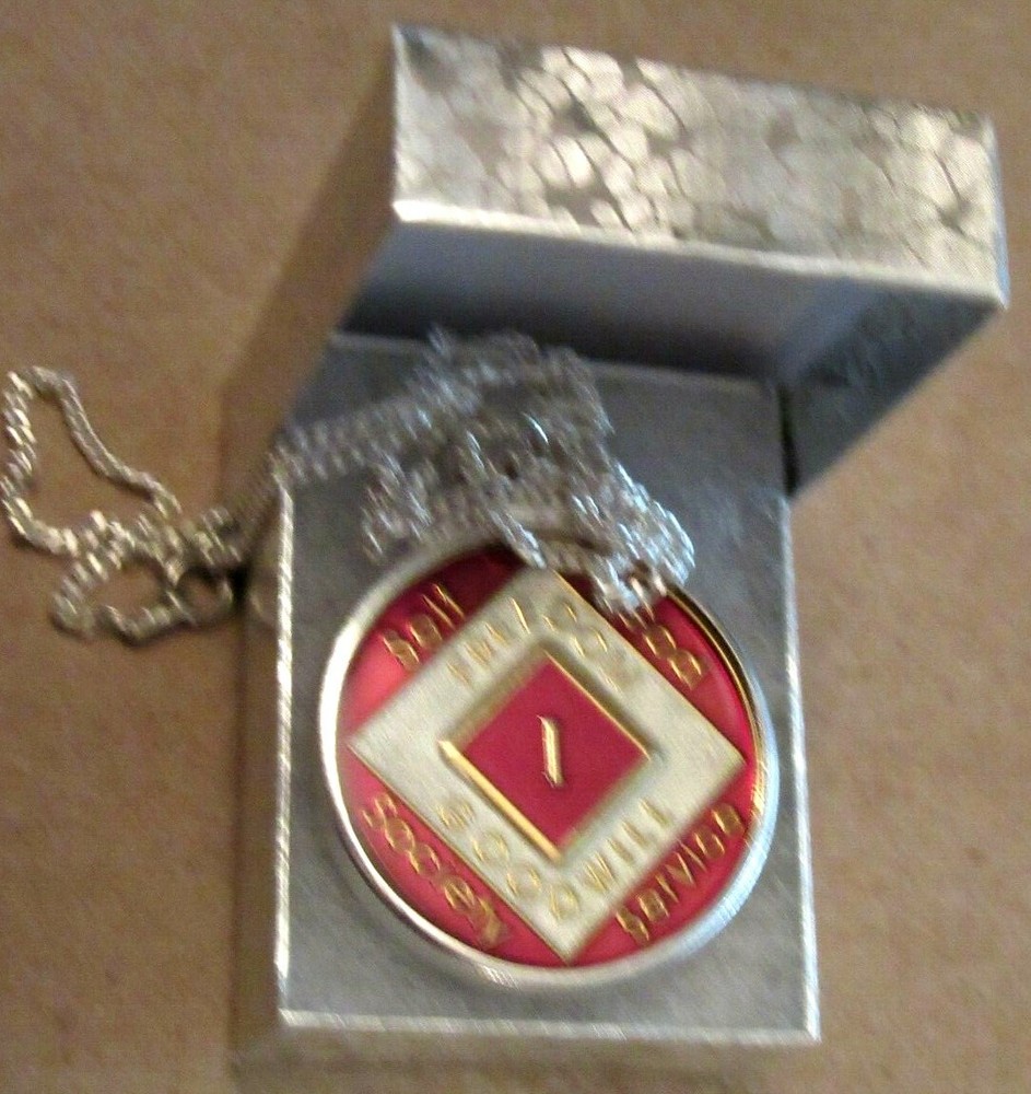 Narcotics Anonymous Red White 1 year NA Medallion. Sterling Silver Bezel & 18"