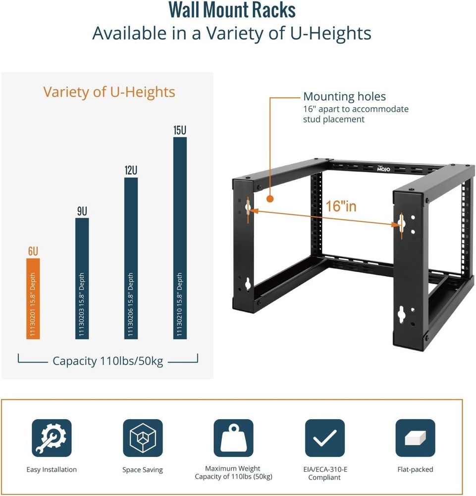 6U Fixed Wall Mount Network Rack 15.8Inch Depth Open Frame for Server Data/Av/It