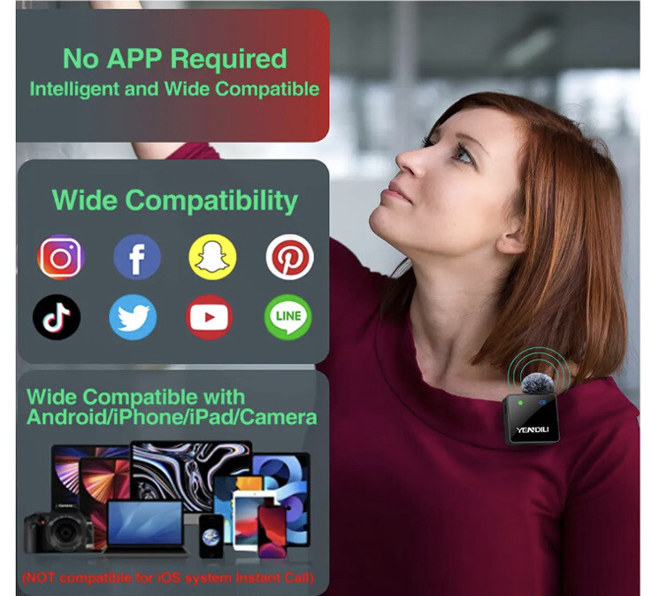 YENDILI Wireless Lavalier Microphone for iPhone Android 2.4G Mini Lapel Mic