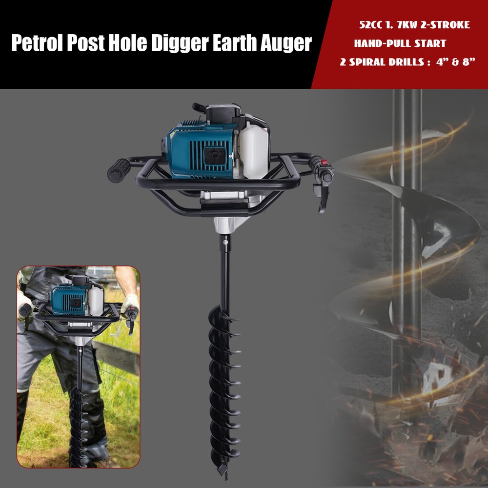 52cc 2 Stroke Post Hole Digger Gas Powered Earth Auger Drill Machine with 2 Bits