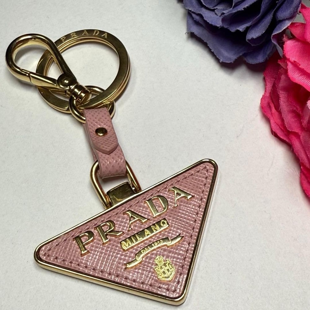 PRADA Saffiano Leather Key Ring Chain Triangle Logo Charm