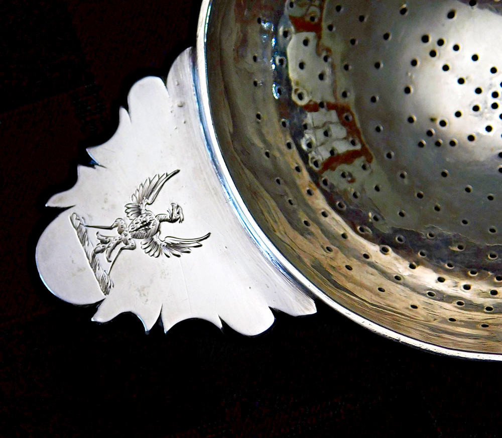 Antique Silver Lemon Tea Strainer Eagle Crest and Touch Marks