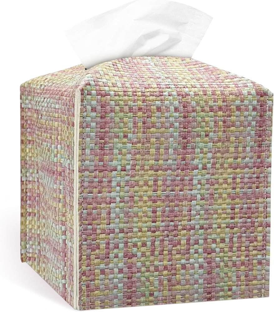 Tissue Box Cover, PU Leather Square Tissue Box Holder with Woven Pattern, Cube T