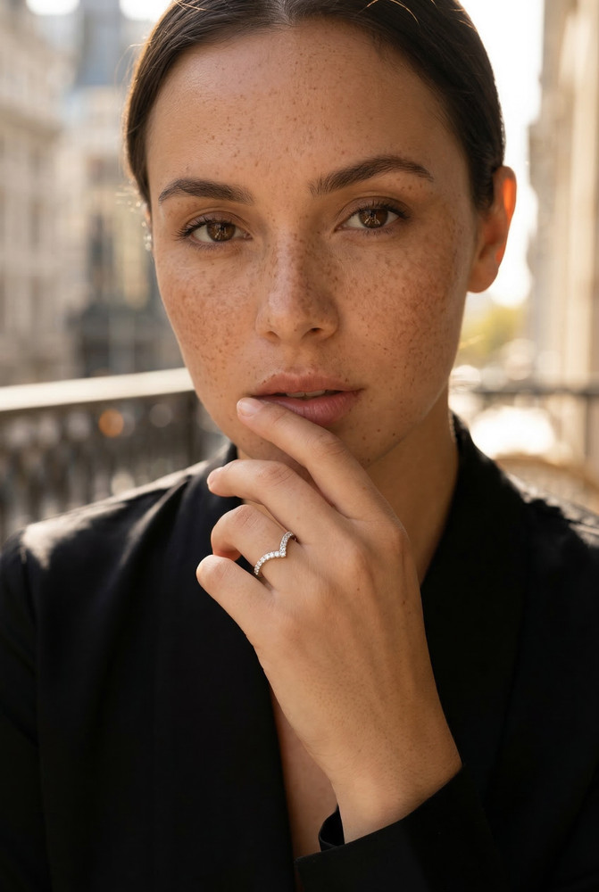 V Shaped Ring | Solid Silver Chevron Ring | | Thin Pave Wishbone Stacking Band