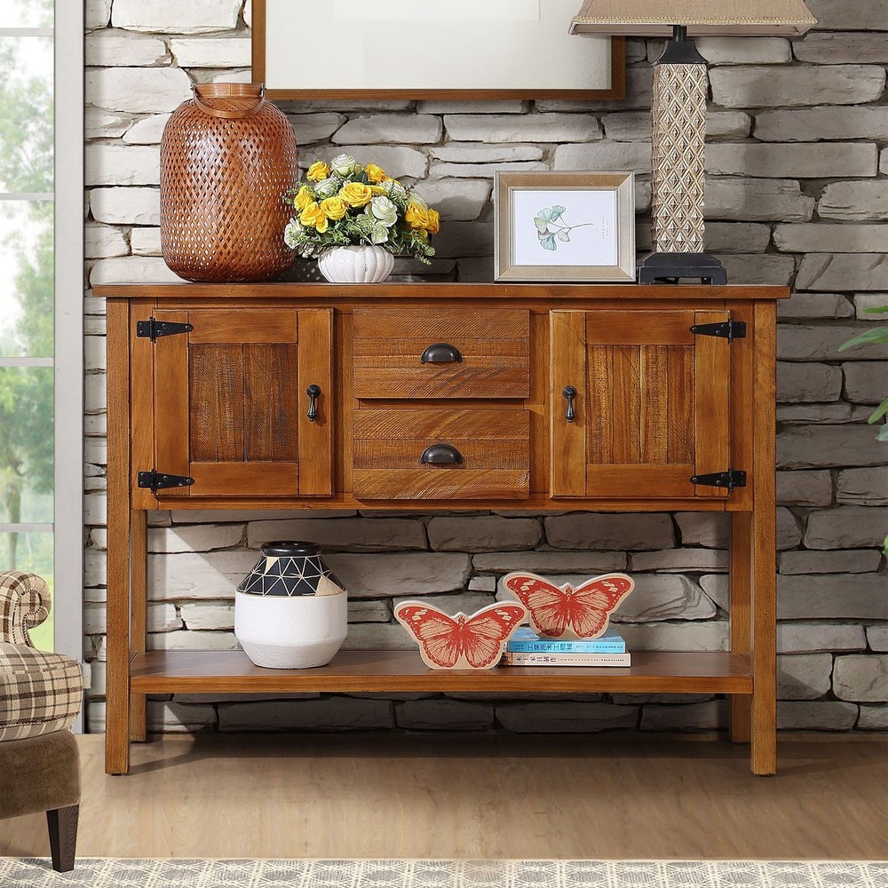 46'' Retro Solid Wood Sideboard Console Table w/Bottom Shelf and Storage Cabinet