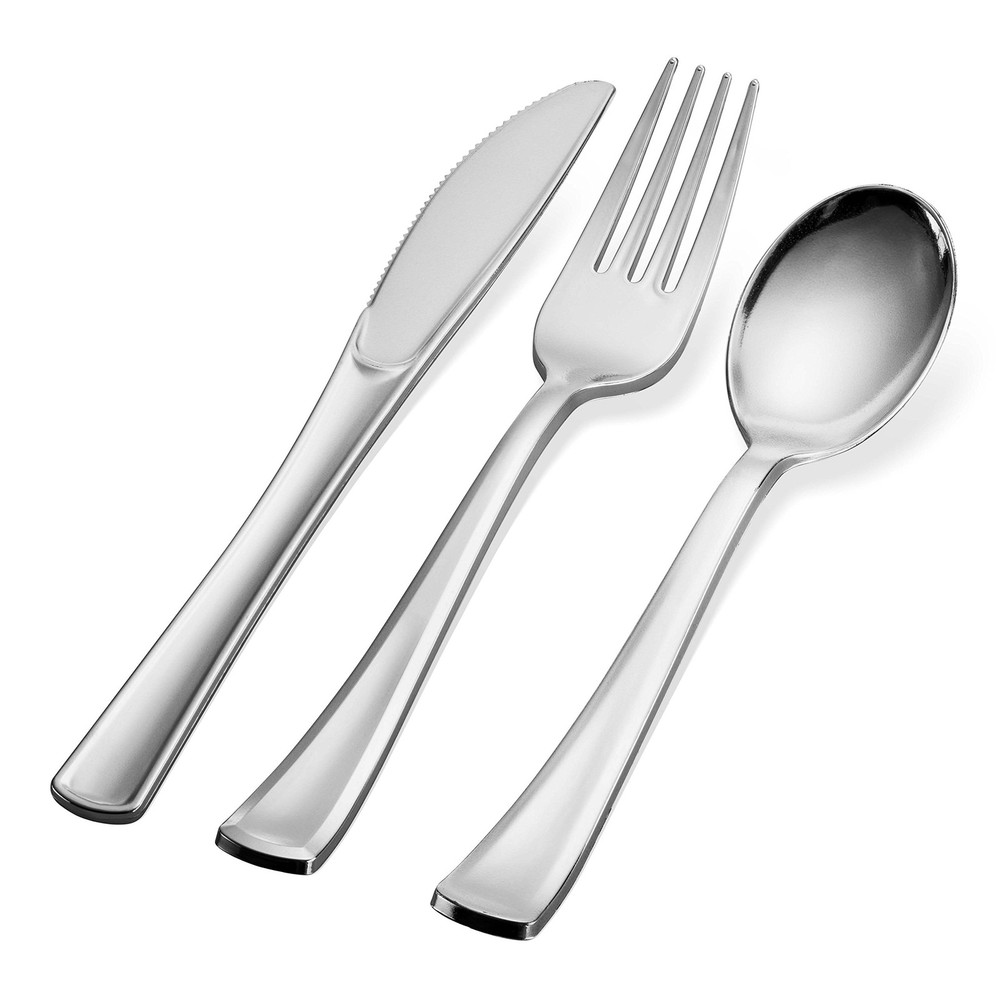 300 Plastic Silverware Set - Silver Cutlery Set - Disposable Flatware Set - 1...
