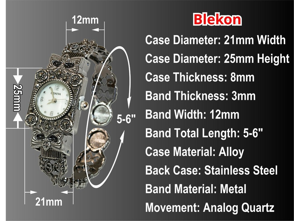 Blekon Collections Women's Antique Rectangular Case Marcasite Bangle Cuff Watch