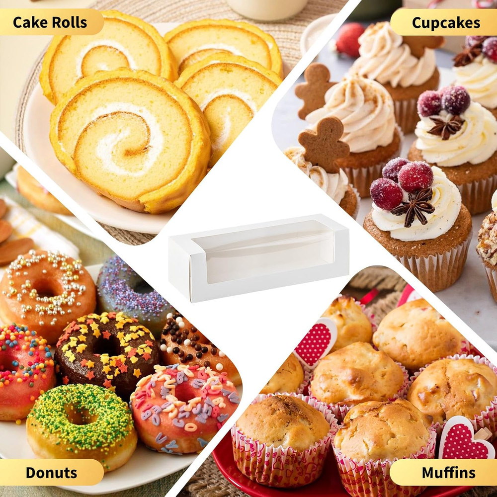 24 Pack 12"X 4" X 3.5" Roll Cake Boxes White Bakery Boxes with Windows Chocolate