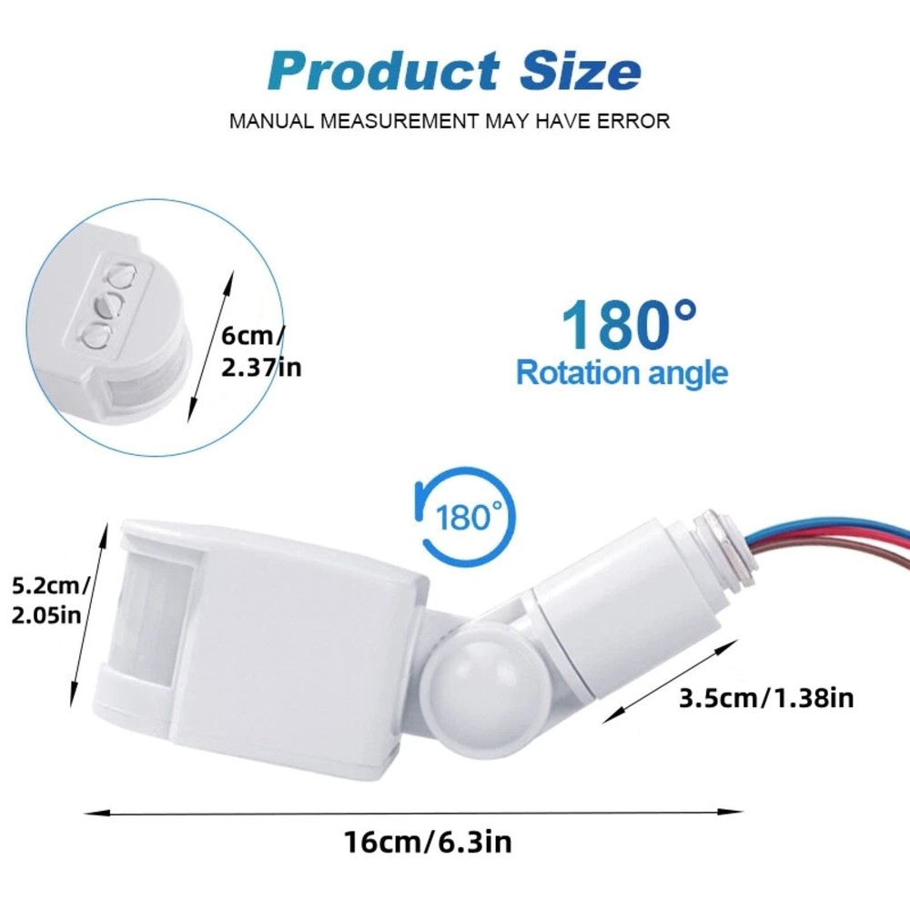 2pcs PIR Motion Sensor Switch For Ambient Light: 2LUX~2000LUX (Adjustable)